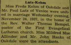 Marriage Notice for 
Paul LUTZ to Freda Kehm, 24 Nov 1937