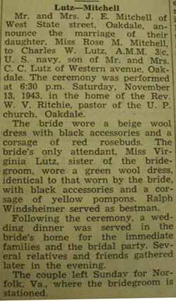 Marriage Notice for 
Charles W. LUTZ to Rose M. Mitchell, 13 Nov 1943