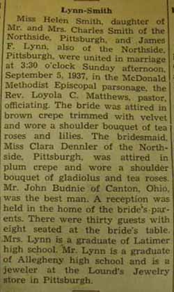 Marriage Notice for James F. LYNN to Helen Smith, 5 Sep 1937