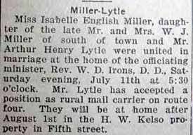 Marriage Notice for Arthur Henry LYTLE to Isabelle English Miller, 11 Jul 1925