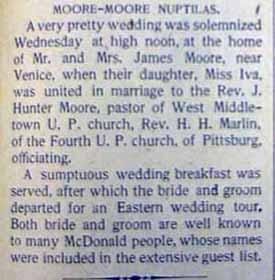Marriage Notice for Rev. J. Hunter MOORE to Iva Moore, no date, in 10 11-1902 paper