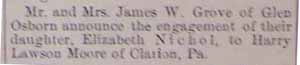 Engagement notice Harry Lawson MOORE to Elizabeth Nichol, in newspaper 6 February 1914
