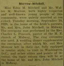 Marriage Notice for Walter M. MORROW to Edna M. Mitchell, 18 Sep 1928