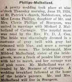 Marriage Notice for Michael J. MULHOLLAND to Leona Phillips, 19 Jun 1924