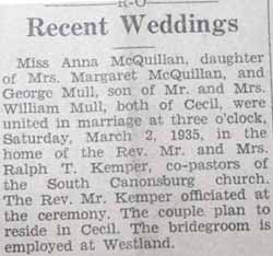 Marriage Notice for George MULL to Anna McQuillan, 2 Mar 1935