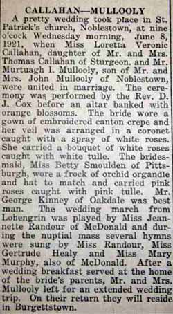 Article 1 Marriage Notice for Murtaugh I. MULLOOLY to Loretta Veronica Callahan, 8 Jun 1921