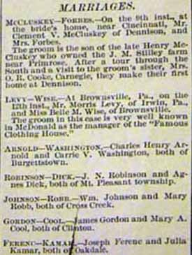 Marriage Notice for Charles Henry ARNOLD and Carrie V. WASHINGTON