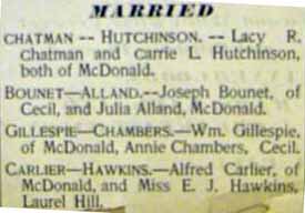 Marriage Notice for Wm. GILLESPIE to Annie Chambers, no date, in 12-22-1900 paper