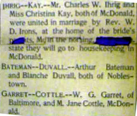 Marriage Notice for Arthur BATEMAN to Blanche Duvall, no date, in 12-29-1900 paper