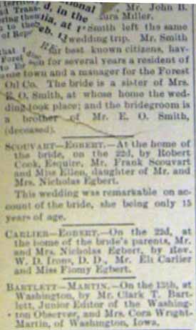 Marriage Notice for Clark T. BARTLETT to Cora Wright Martin, 13 Feb 1900