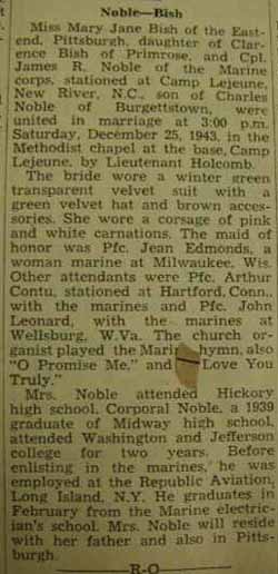 Marriage notice for 
James R. NOBLE to Mary Jane Bish, 25 Dec 1943