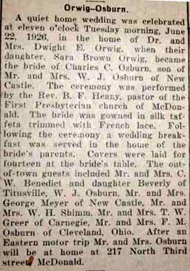 Marriage Notice for Charles C. OSBURN to Sara Brown Orwig, 22 Jun 1926