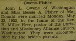 Marriage Notice 
        John L. OWENS to Bessie A. Fisher, May 23, 1932