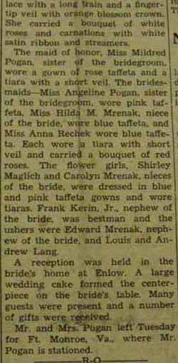 Part 2 Marriage Notice for Louis S. POGAN to Emma J. Mrenak, 6 Feb 1943