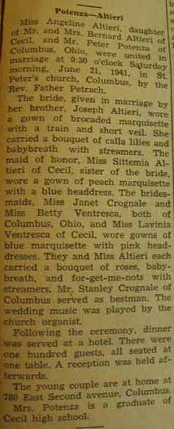 Marriage notice for 
Peter POTENZA to Angeline Altieri, 21 June 1941