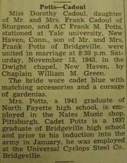 Marriage Notice for 
Frank M. POTTS to Dorothy Cadoul 13 Nov 1943