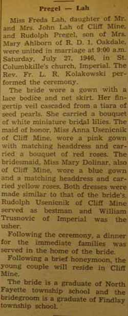 Marriage Notice for Rudolph PREGEL to Freda Lah, 27 Jul 1946