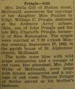 Marriage notice for 
William C. PRINGLE to Pauline Gill, 27 Sep 1943