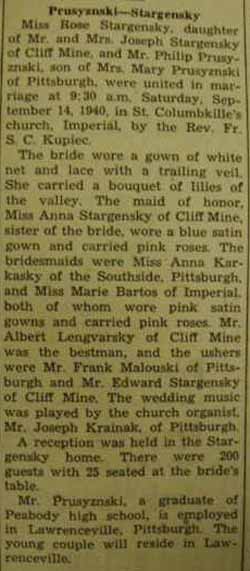 Marriage notice for 
Philip PRUSYZNSKI to Rose Stargensky, 14 Sep 1940