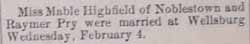 Marriage notice for Raymer PRY to Mable Highfield, 4 Feb 1914