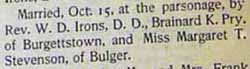 Marriage Notice for Brainard K. PRY to Margaret T. Stevenson, 15 Oct 1902