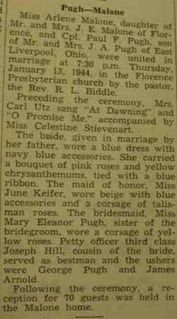 Marriage notice for 
Paul F. PUGH to Arlene Malone, 13 Jan 1944