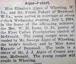 Marriage Notice for Frank PUHART to Elizabeth Algeo, 2 Jul 1924