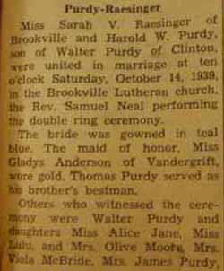Part 1 Marriage Notice for
Harold W. PURDY to Sarah V. Raesinger, 14 Oct 1939