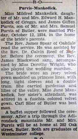 Marriage Notice for James Giffen PURVIS to Mildred Mankedick, 12 Oct 1934