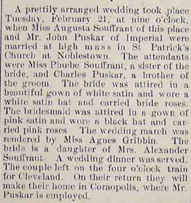Marriage Notice for John PUSKAR to Augusta SOUFFRANT, Tues., Feb. 21, 1911