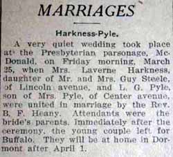 Marriage notice for L. G. PYLE to Mrs. Laverne Harkness, 25 Mar 1927