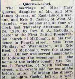 Marriage Notice for Eric G. CASHEL to Mary Querns, 24 May 1928, part1