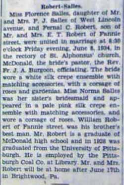 Marriage Notice for Fernal C. ROBERT to Florence SALLES, 8 Jun 1934