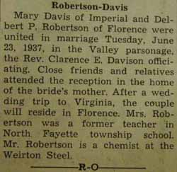 Marriage Notice for Delbert P. ROBERTSON to Mary Davis, 23 June 1937