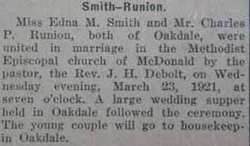 Marriage Notice for Charles P. RUNION to Edna M. Smith, 23 Mar 1921