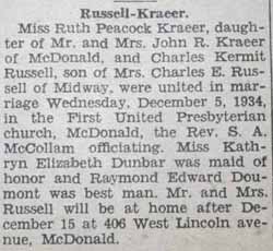 Marriage Notice for Charles Kermit RUSSELL to Ruth Peacock Kraeer, 5 Dec 1934