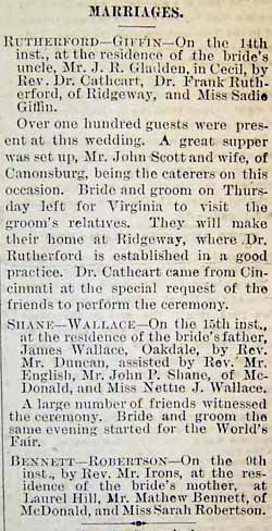 Marriage Notice for  J. Frank RUTHERFORD to Sadie C. Giffin, 14 Jun 1893