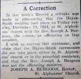 Correction Notice regarding Thomas SMITH, Jr. to Margaret Elizabeth Hayes in 1924