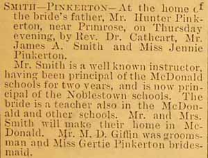 Marriage Notice for James A. SMITH to Jennie Pinkerton, no date, in 10-22-1892 paper