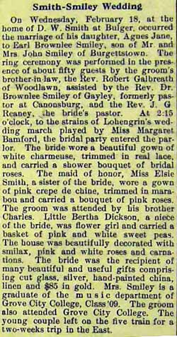 Marriage Notice for Earl Brownlee SMILEY to Agnes Jane Smith, Weds., Feb. 18, 1914