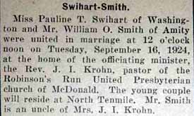 Marriage Notice for William O. SMITH to Pauline T. Swihart, 16 Sep 1924