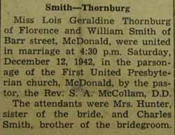 Marriage Notice for William SMITH to Lois Geraldine Thornburg, 12 Dec 1942