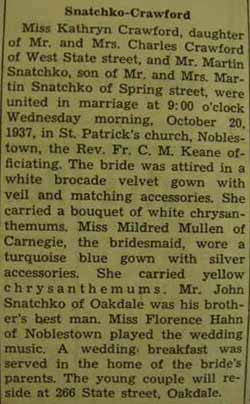 Marriage Notice for Martin SNATCHKO to Kathryn Crawford, 20 Oct 1937