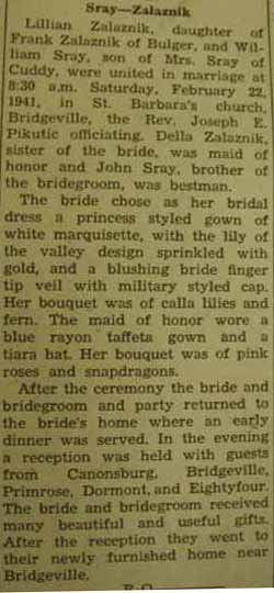 Marriage Notice for William SRAY to Lillian Zalaznik, 22 Feb 1941