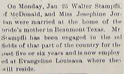 Marriage Notice for Walter STAMPFLI and Miss Josephine JORDAN, Monday, Jan. 25 1909