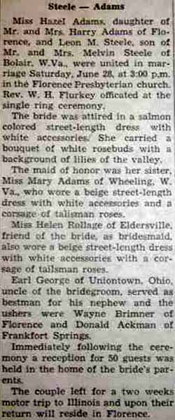 Marriage Notice for Leon M. STEELE to Hazel Adams, 28 Jun 1947