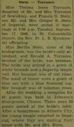 Part 1 Marriage Notice for Francis G. STEIN to Thelma Irene Torrance, 17 Sep 1946