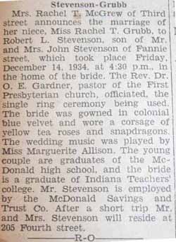 Marriage Notice for Robert L. STEVENSON to Rachel T. Grubb, 14 Dec 1934