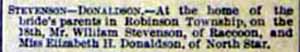 Marriage Notice for William STEVENSON to Elizabeth H. Donaldson, 18 Aug 1897