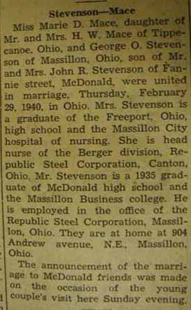 Marriage Notice for George O. STEVENSON to Marie D. Mace, 29 Feb 1940